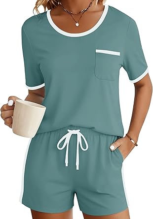 Pajama Set for Women Viscose from Bamboo 2 Piece Soft Lounge Set Short Sleeve Tops and Shorts Sleepwear S-XXL
