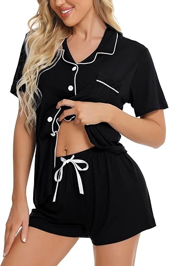 Womens Button Down Pajamas Set Short Sleeve Sleepwear Bride Soft Pj Lounge Sets XS-3XL