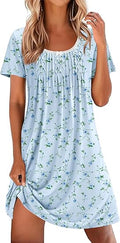 Nightgowns for Women Pleated Sleep Shirts Short Sleeve Night Shirts Lace Trim Night Gown Ladies Sleep Dress