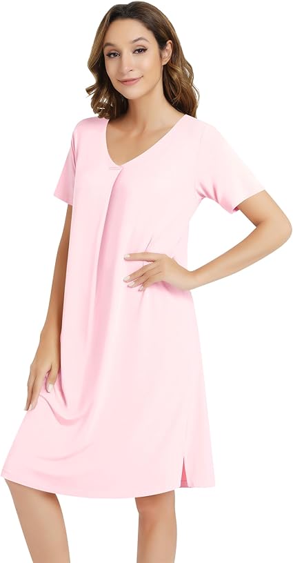 Women's Nightgowns-Viscose Made from Bamboo, Soft Short Sleeve Nightgowns Comfy V Neck Night Shirt Cooling Sleepwear