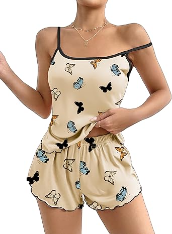 Womens Cami Pajama Sets 2 Piece Cute Print Pjs Soft Tank Top & Elastic Waist Shorts Camisole Lounge Set