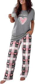 Womens Pajamas Sets 2 Piece Short Sleeve Lounge Set Printed Loose Pants Pj Sets Loungewear Set