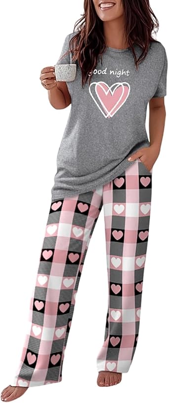 Womens Pajamas Sets 2 Piece Short Sleeve Lounge Set Printed Loose Pants Pj Sets Loungewear Set