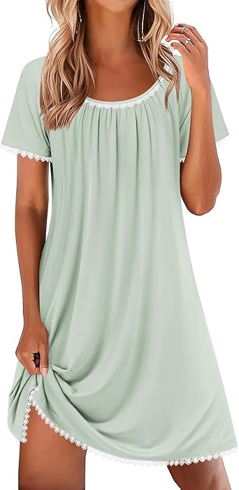 Cotton Nightgowns for Women Lace Trim Sleep Shirts Short Sleeve Night Shirts Sleep Dress with Pockets