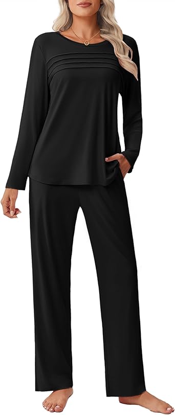 Womens Pajama Sets Pleated Tops with Long Pants Lounge Set Long Sleeve Fall Sleepwear Ladies Pjs S-XXL