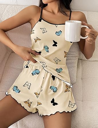 Womens Cami Pajama Sets 2 Piece Cute Print Pjs Soft Tank Top & Elastic Waist Shorts Camisole Lounge Set