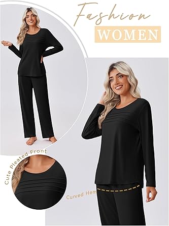 Womens Pajama Sets Pleated Tops with Long Pants Lounge Set Long Sleeve Fall Sleepwear Ladies Pjs S-XXL