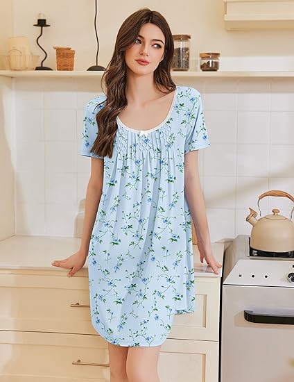 Nightgowns for Women Pleated Sleep Shirts Short Sleeve Night Shirts Lace Trim Night Gown Ladies Sleep Dress