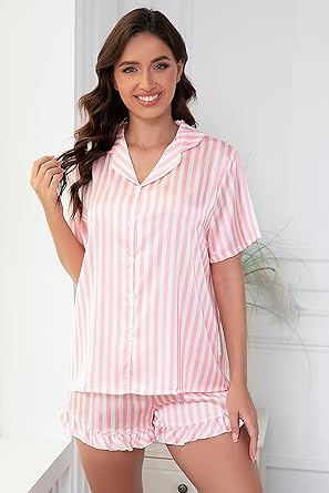 Women‘s Satin Pajamas Set, Silky Soft Short Sleeve Sleepwear, Button Down Pj Set for Home, Vacation, Bridal Party