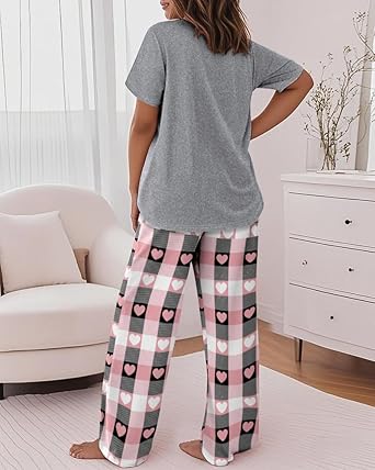 Womens Pajamas Sets 2 Piece Short Sleeve Lounge Set Printed Loose Pants Pj Sets Loungewear Set