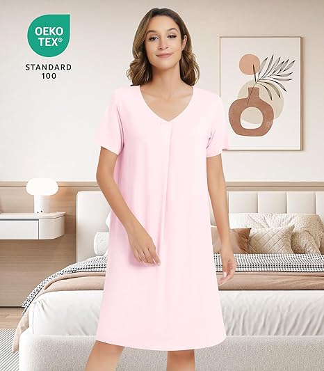 Women's Nightgowns-Viscose Made from Bamboo, Soft Short Sleeve Nightgowns Comfy V Neck Night Shirt Cooling Sleepwear