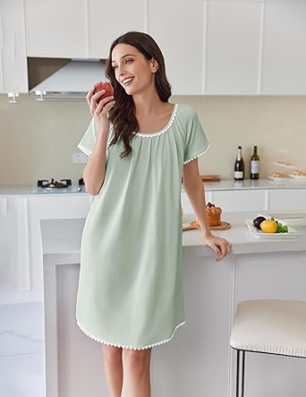 Cotton Nightgowns for Women Lace Trim Sleep Shirts Short Sleeve Night Shirts Sleep Dress with Pockets