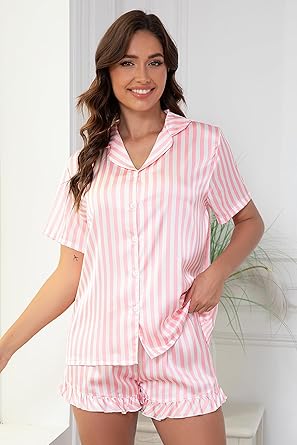 Women‘s Satin Pajamas Set, Silky Soft Short Sleeve Sleepwear, Button Down Pj Set for Home, Vacation, Bridal Party