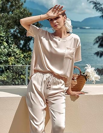 Womens Satin Silky Pajama Set Short Sleeve Shirt with Long Pajama Pant Set Soft PJ Loungewear