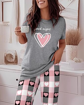 Womens Pajamas Sets 2 Piece Short Sleeve Lounge Set Printed Loose Pants Pj Sets Loungewear Set