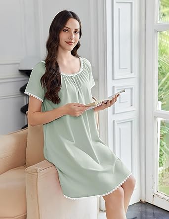 Cotton Nightgowns for Women Lace Trim Sleep Shirts Short Sleeve Night Shirts Sleep Dress with Pockets