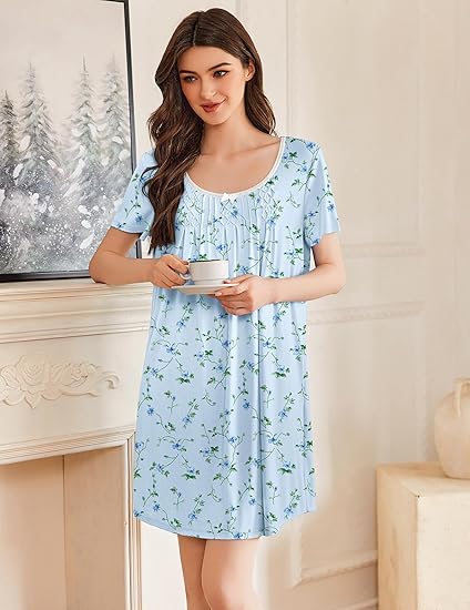Nightgowns for Women Pleated Sleep Shirts Short Sleeve Night Shirts Lace Trim Night Gown Ladies Sleep Dress