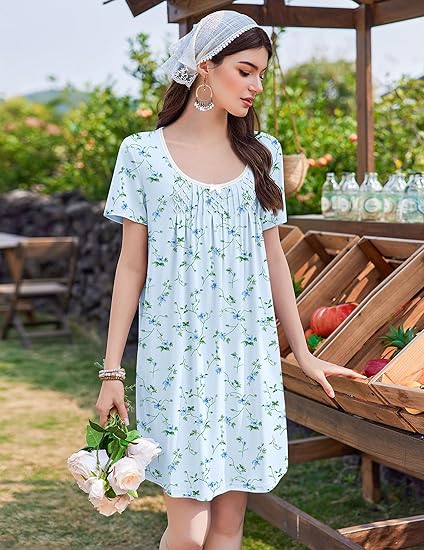 Nightgowns for Women Pleated Sleep Shirts Short Sleeve Night Shirts Lace Trim Night Gown Ladies Sleep Dress