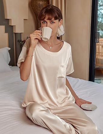 Womens Satin Silky Pajama Set Short Sleeve Shirt with Long Pajama Pant Set Soft PJ Loungewear