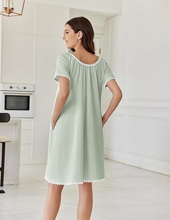 Cotton Nightgowns for Women Lace Trim Sleep Shirts Short Sleeve Night Shirts Sleep Dress with Pockets