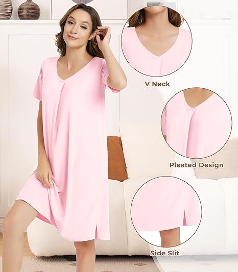 Women's Nightgowns-Viscose Made from Bamboo, Soft Short Sleeve Nightgowns Comfy V Neck Night Shirt Cooling Sleepwear