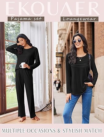 Womens Pajama Sets Pleated Tops with Long Pants Lounge Set Long Sleeve Fall Sleepwear Ladies Pjs S-XXL