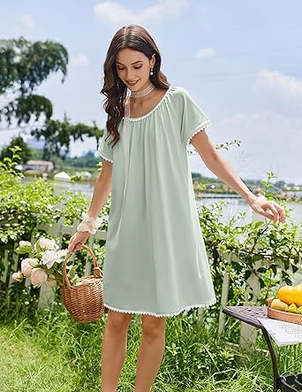 Cotton Nightgowns for Women Lace Trim Sleep Shirts Short Sleeve Night Shirts Sleep Dress with Pockets