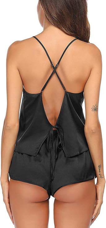Silk Pajamas Set for Women Satin Backless Lingerie Pjs Cami Top and Shorts Nightwear