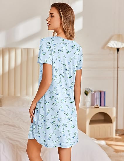 Nightgowns for Women Pleated Sleep Shirts Short Sleeve Night Shirts Lace Trim Night Gown Ladies Sleep Dress