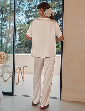 Womens Satin Silky Pajama Set Short Sleeve Shirt with Long Pajama Pant Set Soft PJ Loungewear