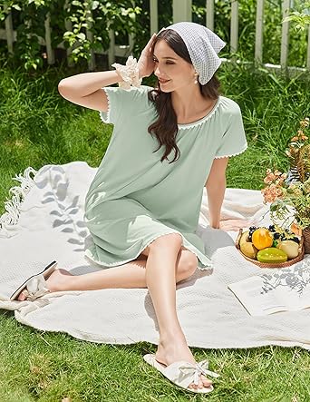 Cotton Nightgowns for Women Lace Trim Sleep Shirts Short Sleeve Night Shirts Sleep Dress with Pockets