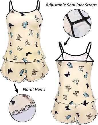 Womens Cami Pajama Sets 2 Piece Cute Print Pjs Soft Tank Top & Elastic Waist Shorts Camisole Lounge Set